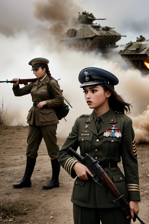 girls in second world war military uniform, holding weapons, on the battlefield