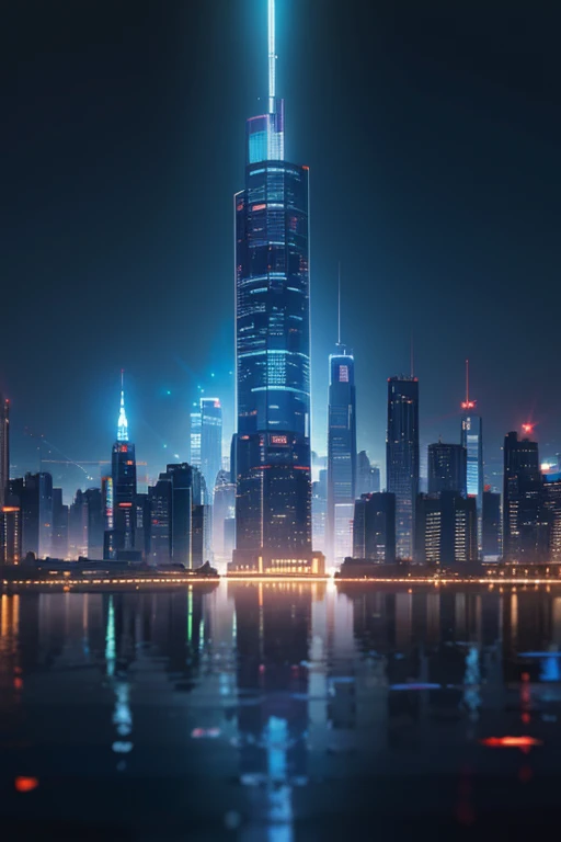 City Skyline, far Distant, Cyberpunk, City, flat, glitch, blue, punk, yellow, lights lens flair, simple