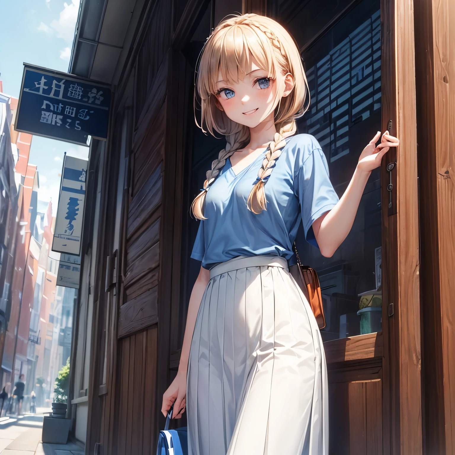 A 22 years old university student girl ((slender, small breast)), chestnut hair (( very short, a very slender Dutch braid)), indigo long skirt, gray light over coat, a T-shirt (( blue and white gradation color)), smile calmly and gently, have a red mini bag by her left hand ,(( chest nut smiling eyes ))