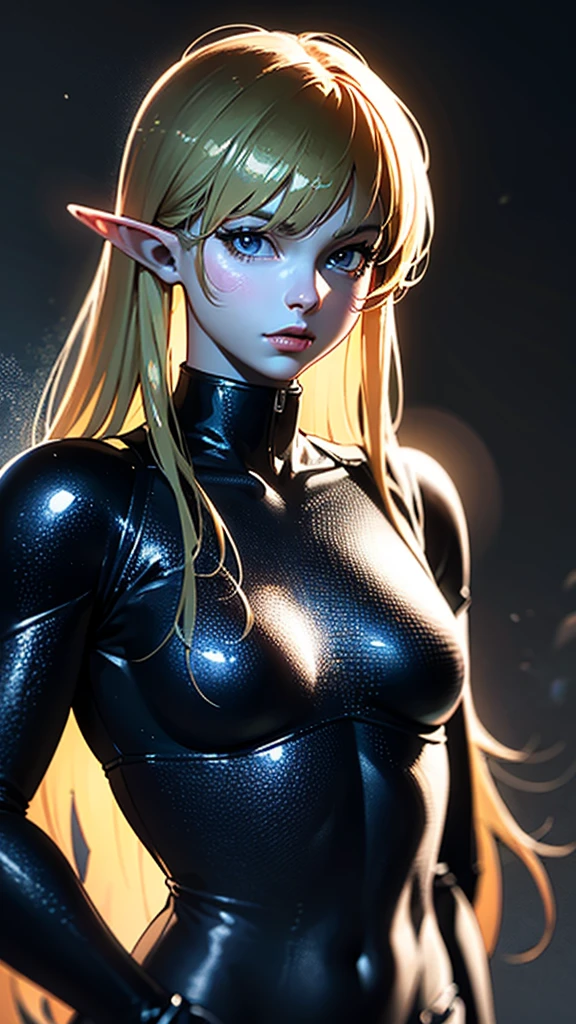 RAW, professional photograph, medium shot, photorealistic, hyper-realistic, ray tracing, super detail, UHD, 8k, female elf, stainless steel armor, twenty years old, athletic body, flat chest, soft facial features, long hair, straight hair, blonde hair, blue eyes, gray and black fog background