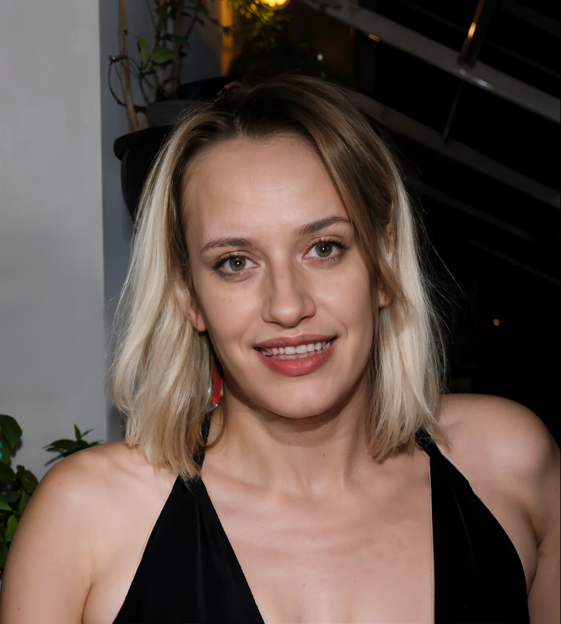 (UHD, High detail, cinematic, High quality, masterpiece) sexy blond woman with long hair, in black dress smiling at camera with green plant in background, malika favre, sanja stikovic, angelina stroganova, aleksandra waliszewska, magdalena radziej, lindsay adler, yelena belova, anastasia ovchinnikova, viktoria gavrilenko, alina ivanchenko