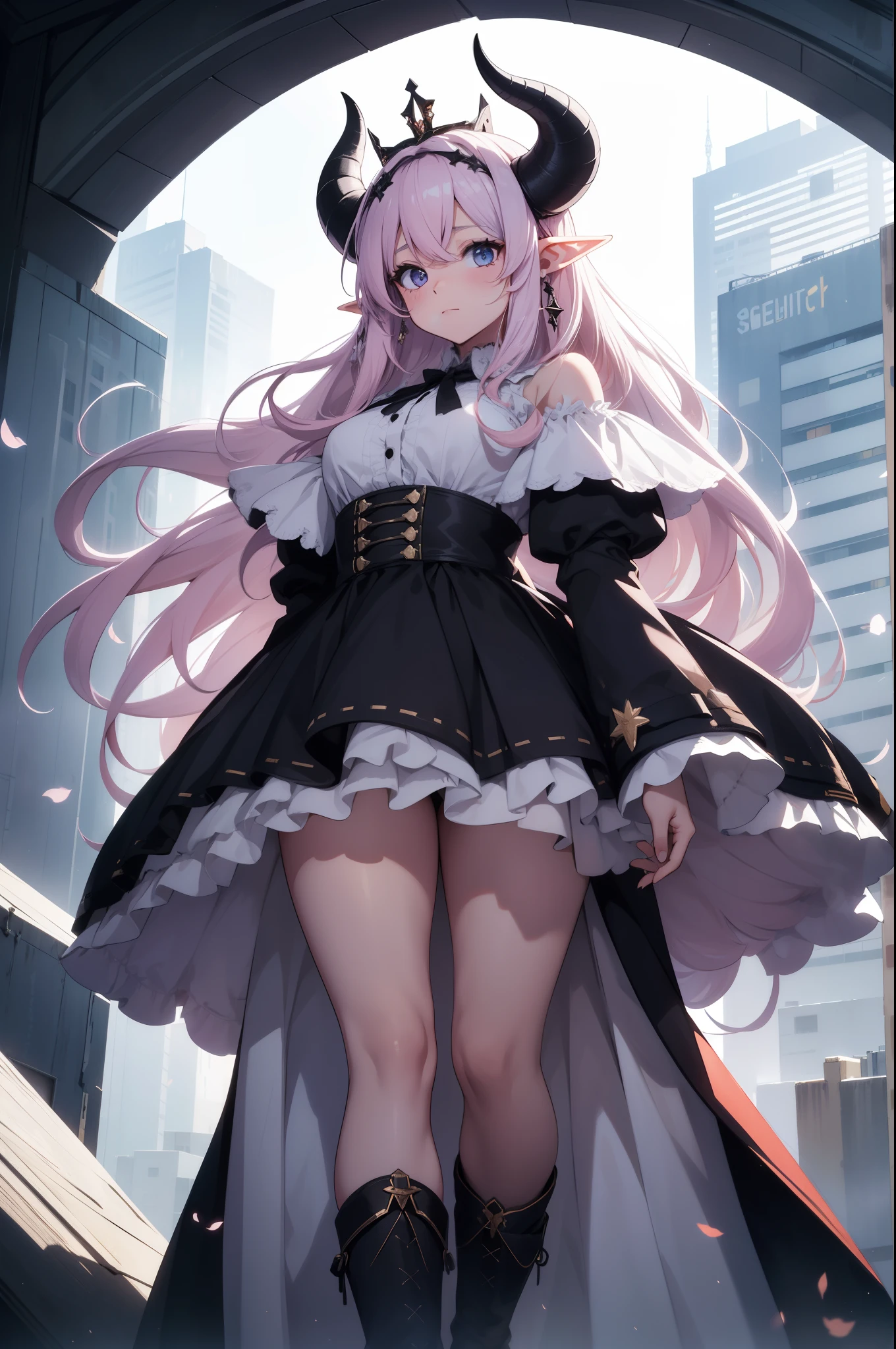 giant girl 50,000 feet high，Weight 1000kg，Has a pair of long legs，Open your eyes wide，Has three pairs of huge white angel wings，With huge devil horns on his head，crown on head，Elf wearing white earrings，She has long pink hair that reaches her feet，loose hair，Pink wavy long curly hair，Wearing a pair of black boots，White sleeves，Wearing a white JK dress，Skirt with bow and star decorations，Standing on a tall building in the city，Destroying the city，Beautiful appearance，Exquisite makeup，quality，8k，高quality，Perfect proportion, Cinema lighting，film grain，Fuji colors，8k，textured skin，Super details，high detail，high resolution，charming，blood stains，脚底有blood stains，whole body，Obese，elf princess，feather，flowers，little man