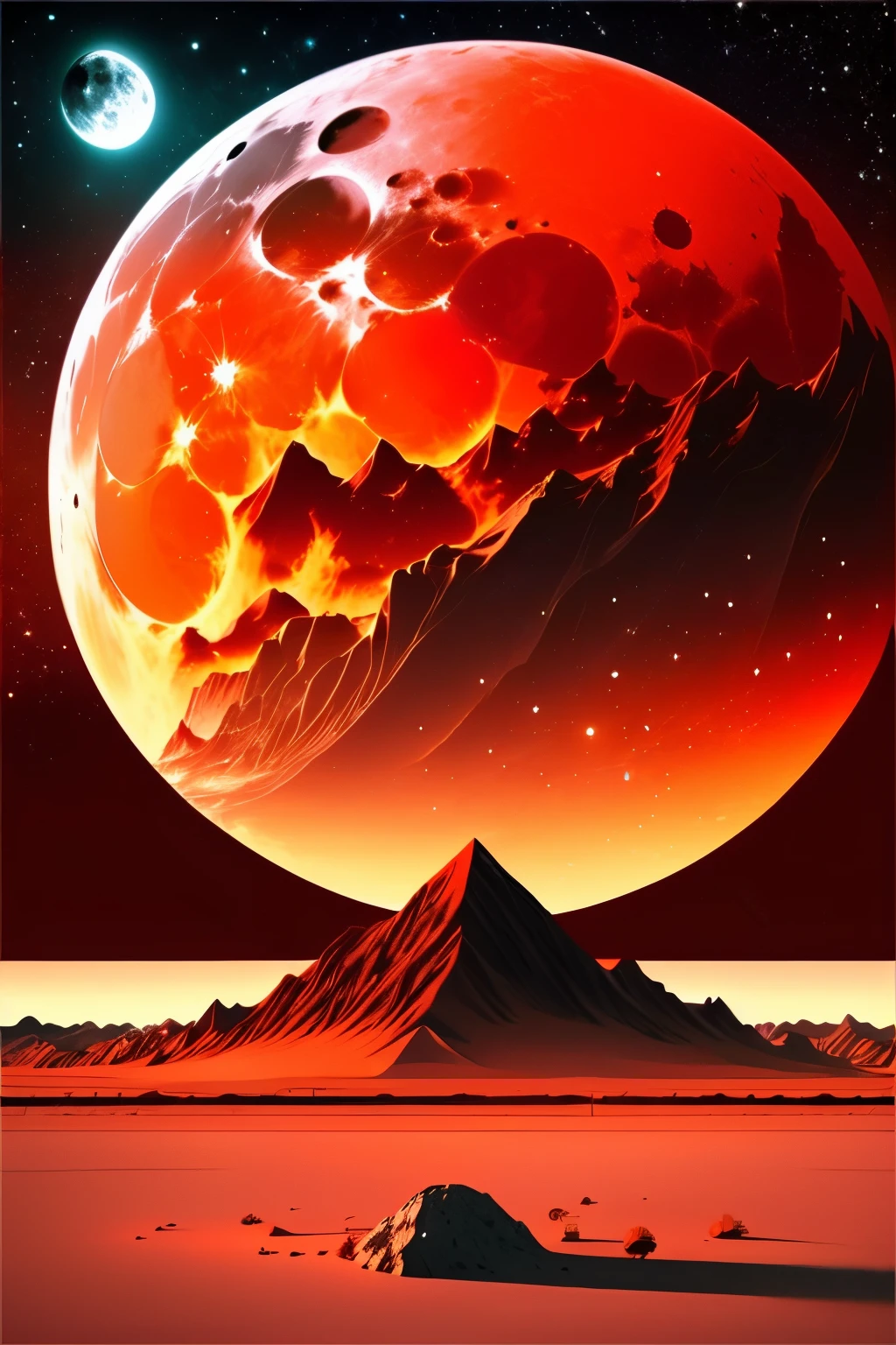 Generate an image of a red moon rising over a distant planet or moon, casting a warm glow on the landscape. Experiment with different terrains and atmospheric effects and it is having a small raptor in middle of it as a lonely creature