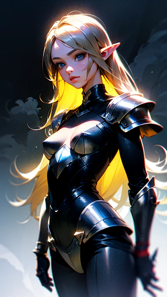 RAW, professional photograph, medium shot, photorealistic, hyper-realistic, ray tracing, super detail, UHD, 8k, female elf, stainless steel armor, twenty years old, athletic body, flat chest, soft facial features, long hair, straight hair, blonde hair, blue eyes, gray and black fog background