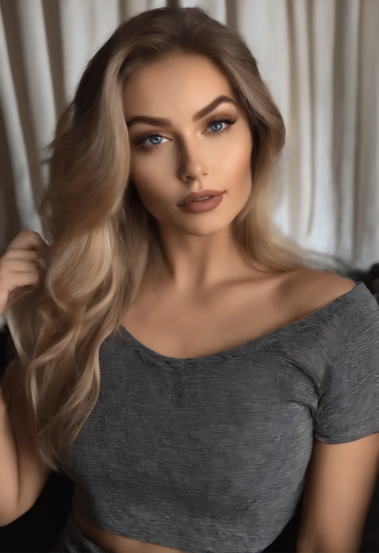 arafed femme pleinement , fille sexy aux yeux bleus, ultra réaliste, minutieusement détaillé, Portrait de Sophie Mudd, cheveux blonds et grands yeux, selfie d'une jeune femme, yeux de la chambre, Violette Myers, sans maquillage, Maquillage naturel, regarder directement la caméra, visage avec artgram, maquillage subtil, superbe photo de tout le corps à genoux sur le lit, dans la chambre, buste de taille moyenne à grande