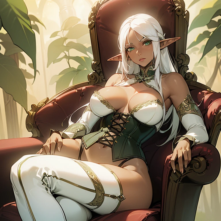 (((I want a solitary Elf Woman, Long white hair, serene green eyes, brown skin, mature body with full breasts and slim waist, wearing beautiful lingerie with corset sitting in an armchair)))