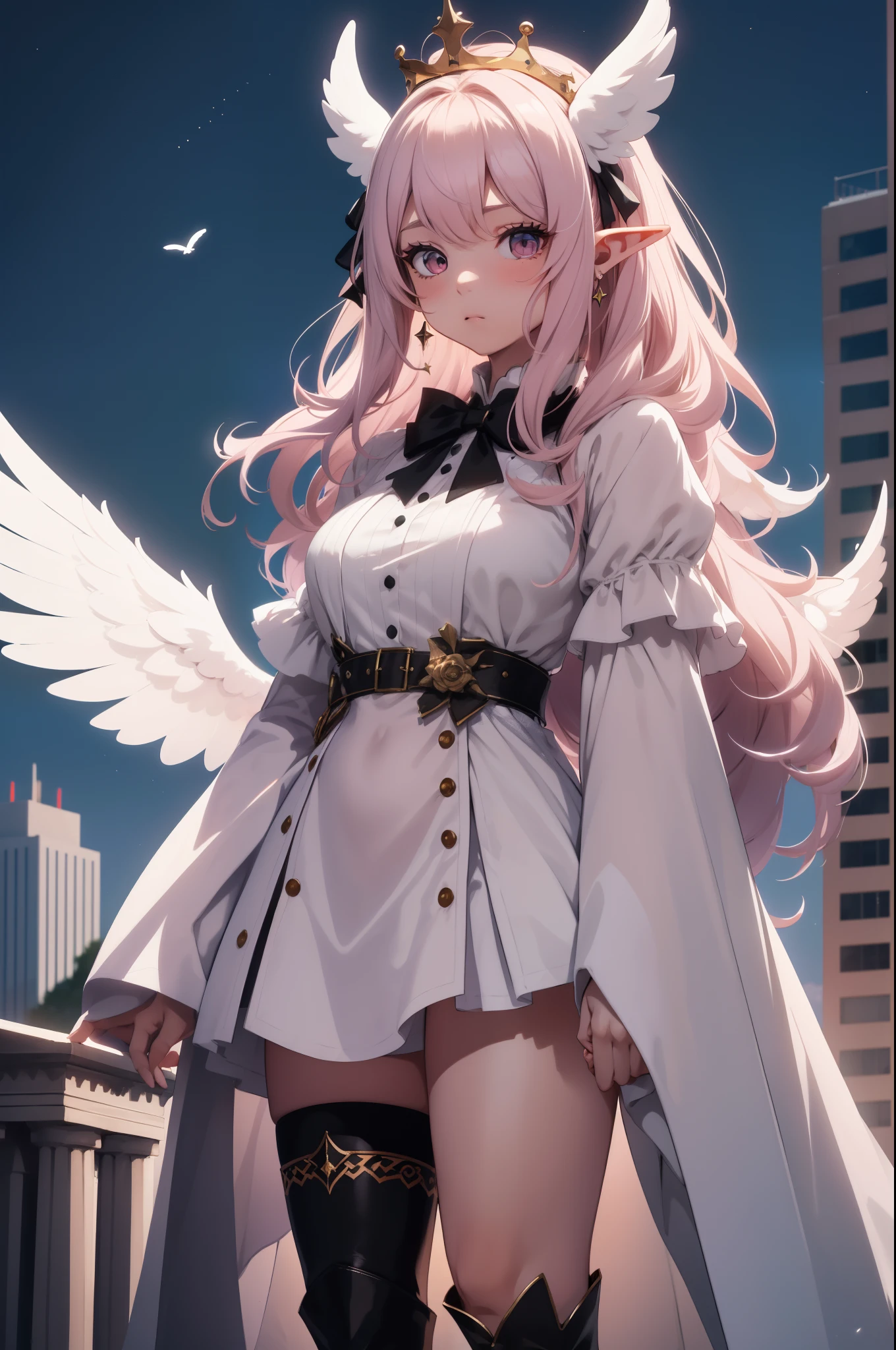 giant girl 50,000 feet high,Weight 1000kg,Has a pair of long legs,Open your eyes wide,Has three pairs of huge white angel wings,With huge devil horns on his head,crown on head,Elf wearing white earrings,She has long pink hair that reaches her feet,loose hair,Pink wavy long curly hair,Wearing a pair of black boots,White sleeves,Wearing a white JK dress,Skirt with bow and star decorations,Standing on a tall building in the city,Destroying the city,Beautiful appearance,Exquisite makeup,quality,8k,高quality,Perfect proportion, Cinema lighting,film grain,Fuji colors,8k,textured skin,Super details,high detail,high resolution,charming,blood stains,脚底有blood stains,whole body,Obese,elf princess,feather,flowers,little man