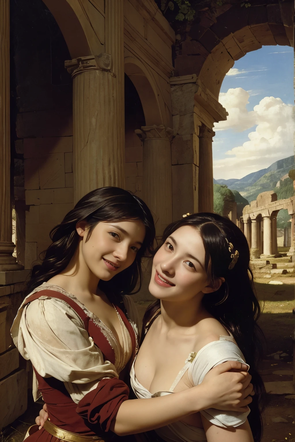 Ancient Roman ruins,landscape in the style of Poussin,A smile,,Sweet and seductive appearance.、Caravaggio's paintings、Chiaroscuro of Caravaggio、Hair disheveled in the wind,Two women frolicking,Cute smile, Expression of ecstasy,A sexy,erotick
