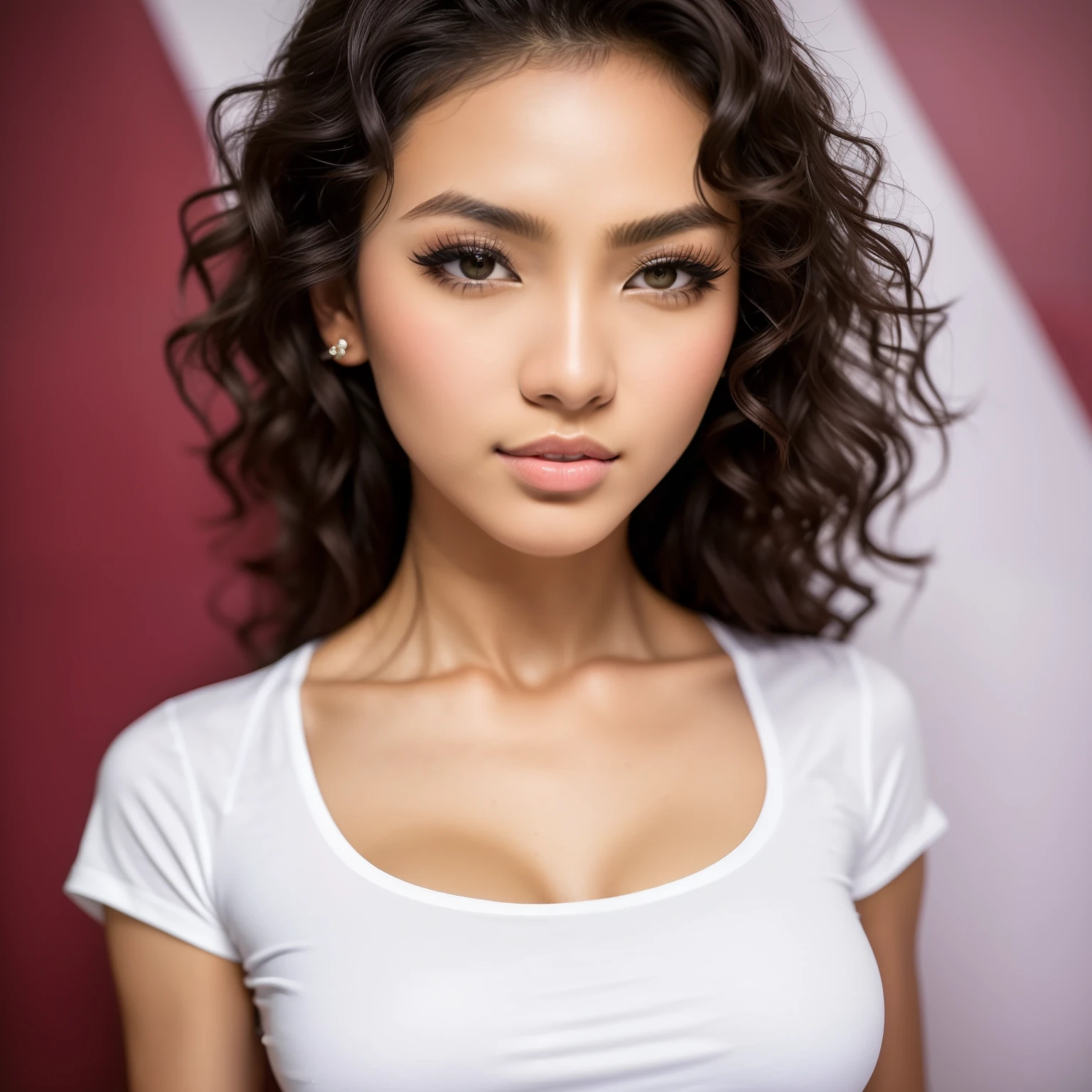 ((best quality, 8ก, Masterpiece: 1.3)), Sharp focus: 1.2, Beautiful woman with a perfect body: 1.4, slender abdomen,: 1.2, white t-shirt, Highly detailed facial and skin textures, Detailed eyes, Double eyelids, Curly eyelashes, tanned skin, sexy, tan. Thai girl