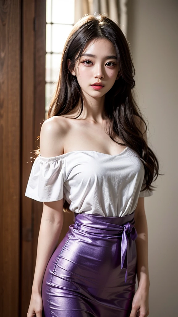 A disheveled (purple long hair) beauty, Zhang Tian'ai, with gray hair, slender figure, beautiful body, golden waist to hip ratio, high image quality, masterpiece, off waist, off shoulder, master's work, wearing purple fashionable women's clothing, exquisite clothes, peerless beauty, colorful eyes, gem eyes, moist lips, delicate and exquisite facial features, extremely delicate and beautiful, light, detailed light and shadow, detail portrayal, Dingdall effect, Exquisite, realistic, a detail painting, depth of field, highest quality, masterpiece, stunning, realistic, ultimate facial features, ultimate hair, eyes, lips, looking at the audience, reality, a detail painting, depth of field, highest quality, masterpiece, peerless beauty, exquisite and beautiful facial features, ultra delicate, gorgeous highlights, stunning, charming, perfect, ultra clear, 8k, High definition, gradient, master artwork, best image quality, higher quality, high detail, ultra high resolution, beautiful eyes, cherry lips, (gray hair)