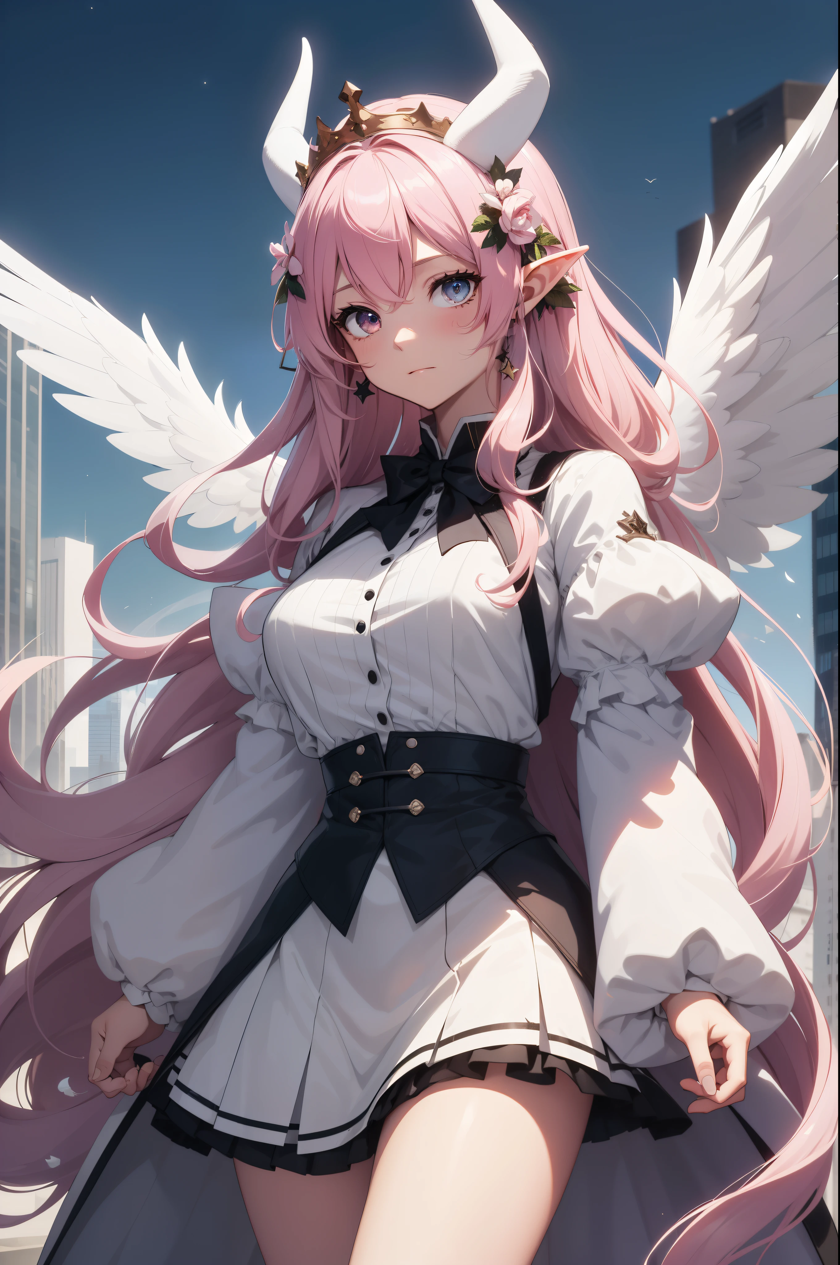 giant girl 50,000 feet high，Weight 1000kg，Have a pair of long legs，Keep your eyes open，Has three pairs of huge white angel wings，With huge devil horns on his head，wear a crown on your head，Elf wearing white earrings，She has long pink hair that reaches her feet，loose hair，Pink wavy long curly hair，Wearing a pair of black boots on her feet，white sleeves，Wearing a white JK dress，Bow and star embellished skirt，Stand on the tall buildings of the city，Destroy cities，Beautiful appearance，Exquisite makeup，quality，8k，高quality，Perfect proportion, Cinema lighting，film grain，Fuji colors，8k，textured skin，Super details，high detail，high resolution，charming，blood stains，脚底有blood stains，whole body，fat，elf princess，feather，flowers， boy