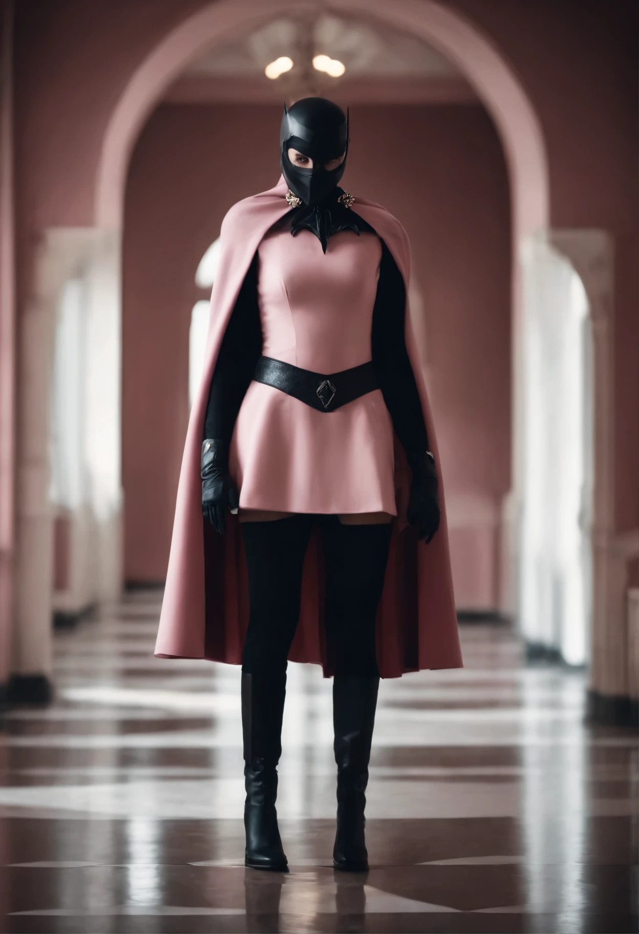 Une super-héroïne avec masque et cape, avec des collants blanc avec des bottes noire, avec ceinture rose et logo en forme de corbeaux.