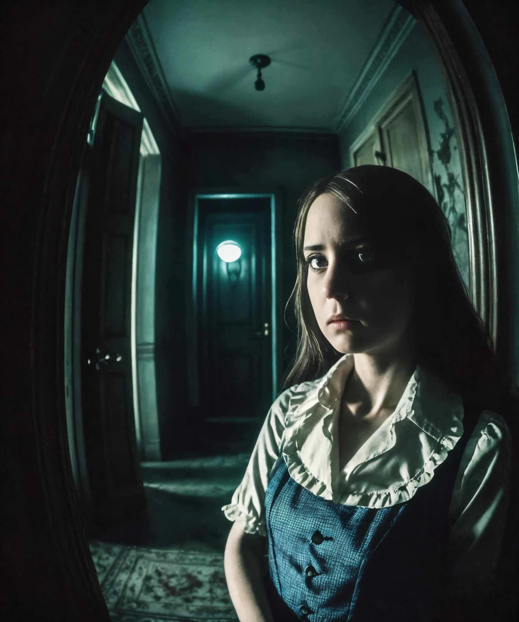 photorealistic, Alice's adventures in wonderland, asylum, close-up shot, fisheye lens, fisheye lens distortion, knife, self-defense, Alfred Hitchcock movie poster style, detailed artwork, intense atmosphere, dark lighting, suspenseful, dramatic expression, chilling scene, cinematic composition, haunting background