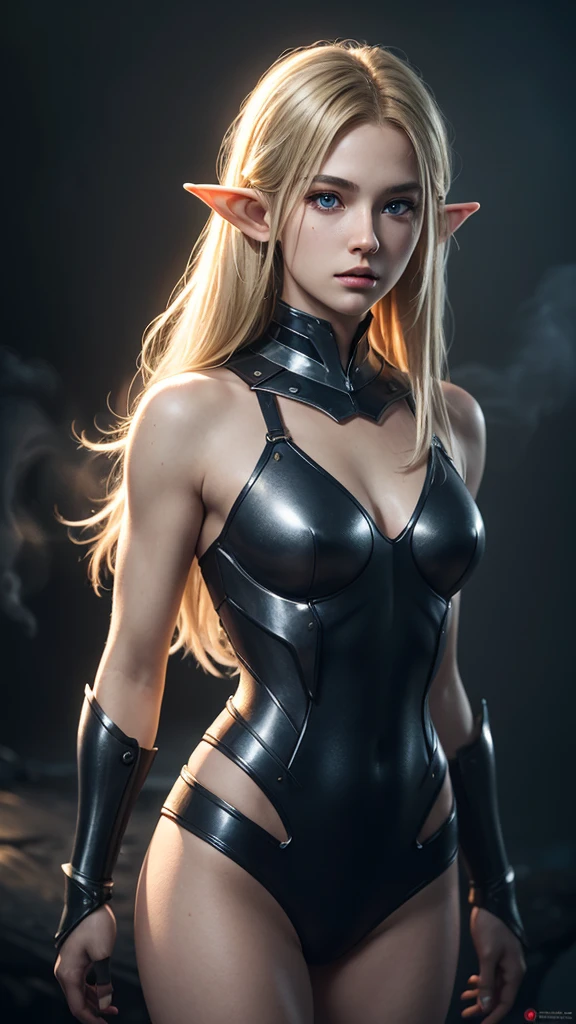 RAW, professional photograph, medium shot, photorealistic, hyper-realistic, ray tracing, super detail, UHD, 8k, female elf, stainless steel armor, twenty years old, athletic body, flat chest, soft facial features, long hair, straight hair, blonde hair, blue eyes, gray and black fog background