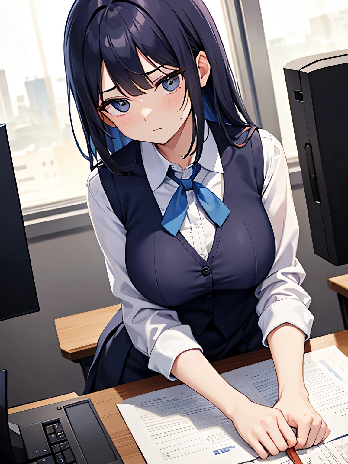 (1) a woman is working in an office.
(2) a man is talking to her、she is ignoring him.
(3) The woman is wearing a white blouse, a navy vest, and a navy blue tight skirt..
(4) The woman's expression is very cold, expressionless and unfriendly.
(5) Location、This is her office desk where she is working on her computer.。.