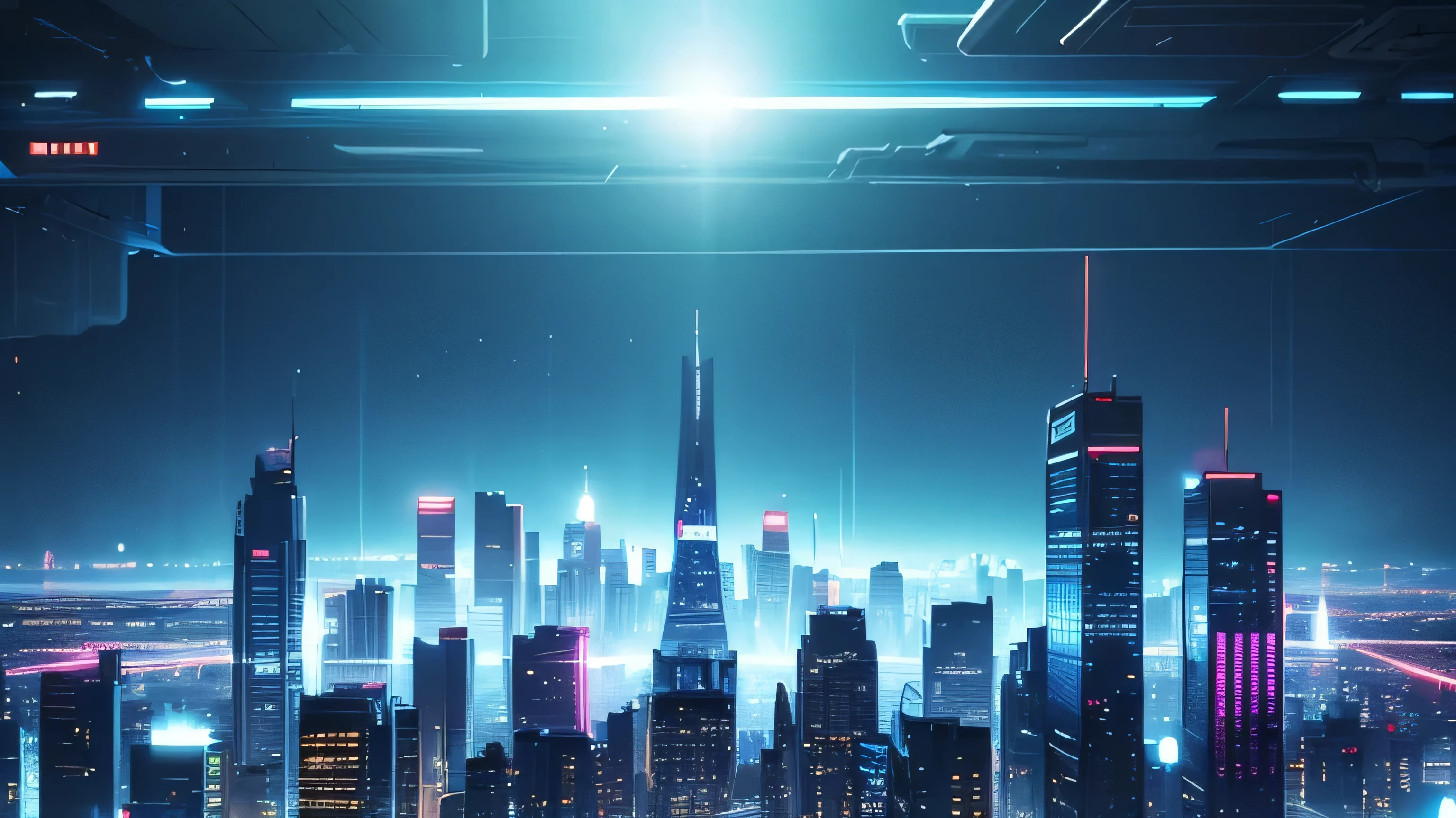 Stadt Skyline, weit entfernt, CyberPunk, Stadt, Wohnung, Panne, Blau, Punk, Gelb, Lichtlinsen-Flair, Einfach, 80er Jahre, Hintergrund