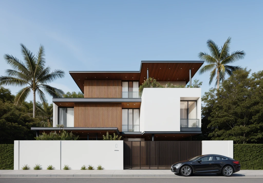 1 morden villa with, main material of villa about white wall and wooden cladding, main material by white wall and wood, 1large yard, 1 road runs in front of the house, (RAW photo, real, best quality, masterpiece:1.2), look morden minimalist, 1 road in front of the house, dynamic lighting:1.3, (hyper realistic, photo-realistic:1.2), high quality, (dark lighting:1.2), perfect lighting, archdaily, no human