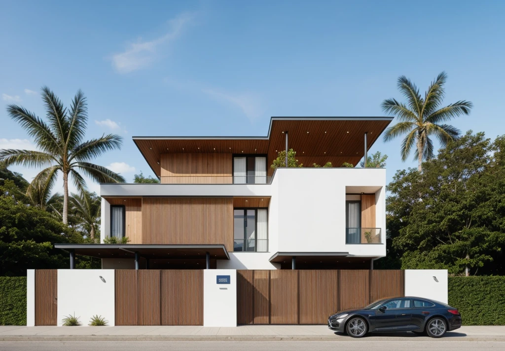 1 morden villa with, main material of villa about white wall and wooden cladding, main material by white wall and wood, 1large yard, 1 road runs in front of the house, (RAW photo, real, best quality, masterpiece:1.2), look morden minimalist, 1 road in front of the house, dynamic lighting:1.3, (hyper realistic, photo-realistic:1.2), high quality, (dark lighting:1.2), perfect lighting, archdaily, no human