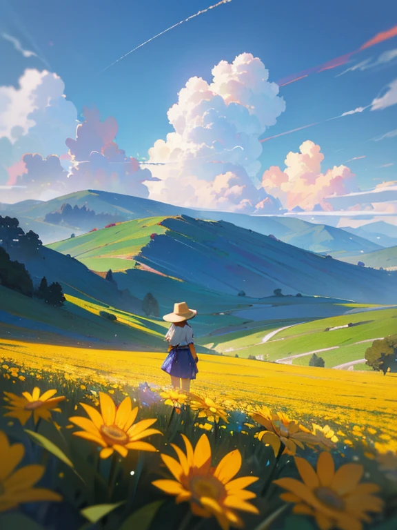 Expansive Landscape Photography , (una vista desde abajo que muestra el cielo arriba y el campo abierto debajo), A girl standing in the flower field looking up, bright sunny day (Nubes:1.2), distant mountain, tree BREAK production art, mucho morado y naranja, detalles intrincados, volumetric lighting, realismo DESCANSO
(obra maestra:1.2), sombras detalladas, (Mejor calidad), 4k, ultra detallado, (dynamic composition:1.4), muy detallado, detalles coloridos,( colores iridiscentes:1.2), (Bright lighting, atmospheric lighting), Dreamer, magical, (Solo:1.2)