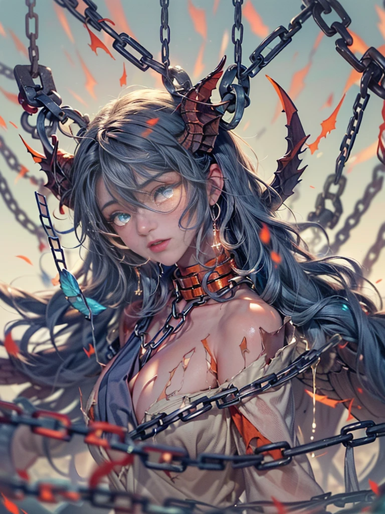 (RAW shooting:1.5, realistic:1.5, fractal art:1.5, 8K), (highest quality, masterpiece, ultra high resolution), Demonic world, Underground prisons, ((perfect dynamic composition:1.7)), Highly detailed skin and facial textures:1.3, Detail of limbs, 1 girl, (Cute sexy succubus demon with big wings:1.3, Wearing detailed body jewelry:1.3), prisoner of war, slave, Horn, Fair skin, open your legs, colorful, (Correctly wear heavily torn clothes off-shoulder:1.3), Huge breasts that are about to explode, Do not show areola, big chest gap, (The expression on your face when you feel intense caress, Facial expression when feeling pleasure, A look drowning in pleasure, Are crying), beautiful blue eyes, Eyes that feel beautiful eros, sexy face, blush, (Too erotic and cute:0.9, Bewitching:0.9), ((torture:1.5, Raise your arms upwards:1.2, Lots of chains:1.8, countless chains tangled in clothes:1.8, His right arm is shackled:1.2, His left arm is shackled:1.2, Connect your right leg with shackles:1.2, tie the left leg with shackles:1.2)), (((An incomprehensible amount of liquid flows throughout the body:1.5))), super long blonde curly hair, View from the knee up