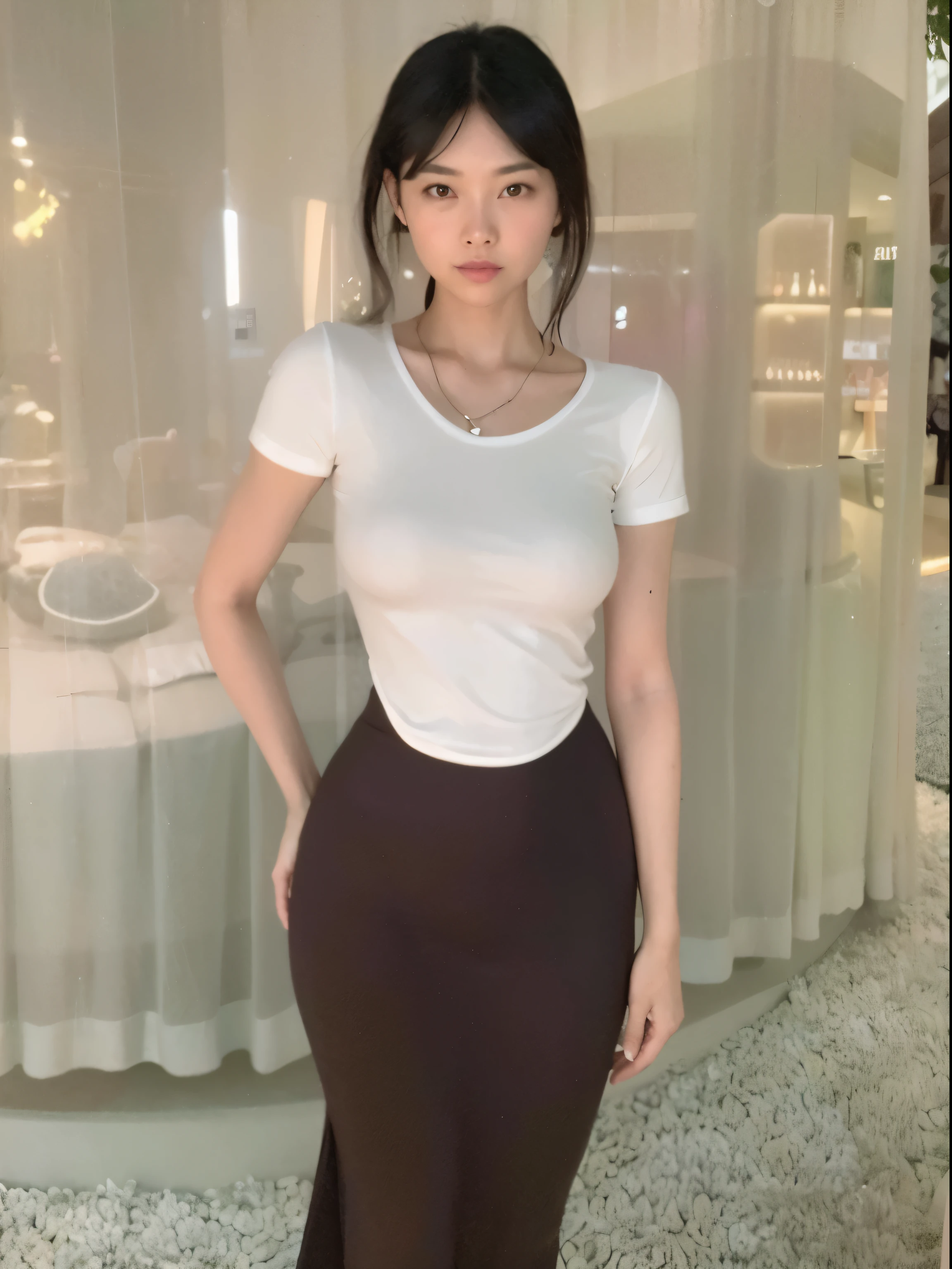 there is a woman that is standing up in a room,wearing a skirt, 穿着紧身simple clothes, Stylish white skinny suit, Thin waist, thick hips, Slim girl photos, Slim girl photos model, Korean fashion model, Beautiful young Korean woman, Minimalist tight women'clothing, tight shirt, V-shaped bust clothes, simple clothes, wearing tight shirt