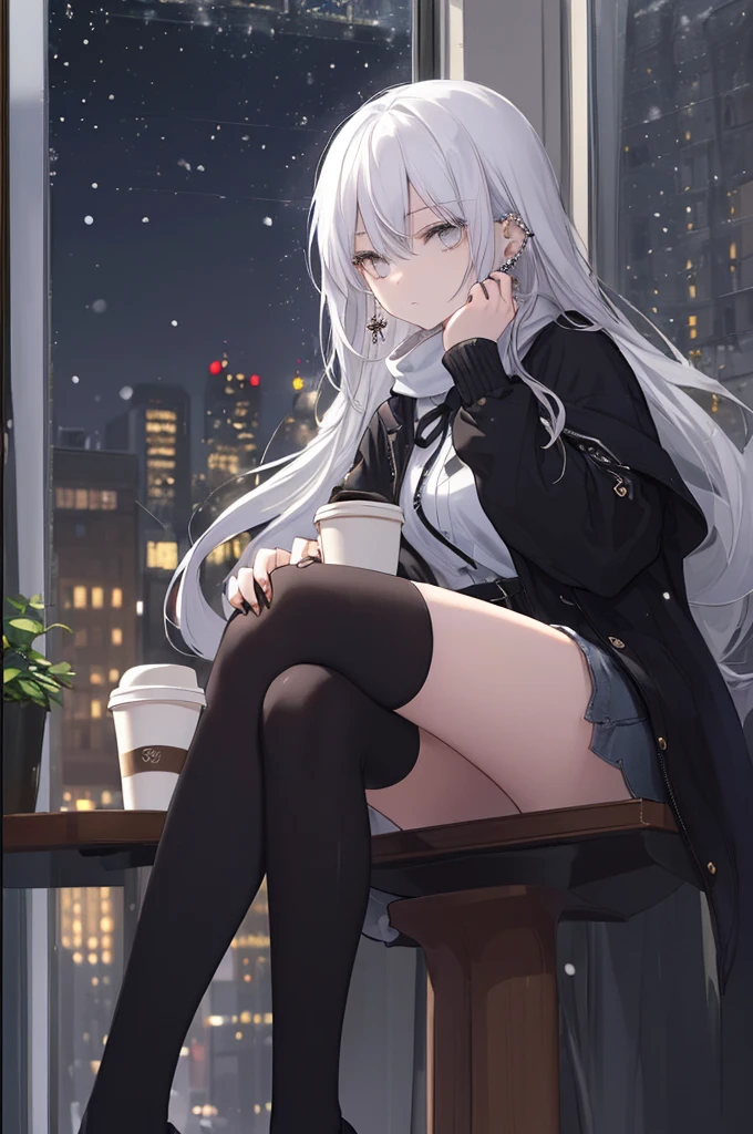 ((masterpiece:1.4, best quality:1.2)), 1girl, solo focus, beautiful skin, white sweatshirt, long white hair, grey eyes, black legwear, sitting, earrings, piercing, coffee shop window, night, snowing, cityscape, tall female, beautiful and delicate female, comfy ambience, {correct posing}, {detailed background}, a miniskirt