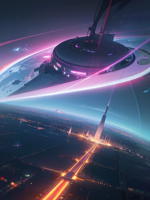Escena nocturna de la ciudad con estructura circular en el medio., Puerto espacial del futuro, photo of La ciudad del futuroscape, Utopian cities of the future, in a science fiction and fantasy city, ciudad extraterrestre futurista, La ciudad del futuroscape, alien La ciudad del futuro, 美丽的The city of the future, otherwordly La ciudad del futuro, La ciudad del futuro scape, vista of La ciudad del futuro, La ciudad del futuro, Ciudad Puerto Espacial，Una ciberciudad circular en el mar，A feeling of future technology，centro brillante，Hermosa noche，Neon light representation