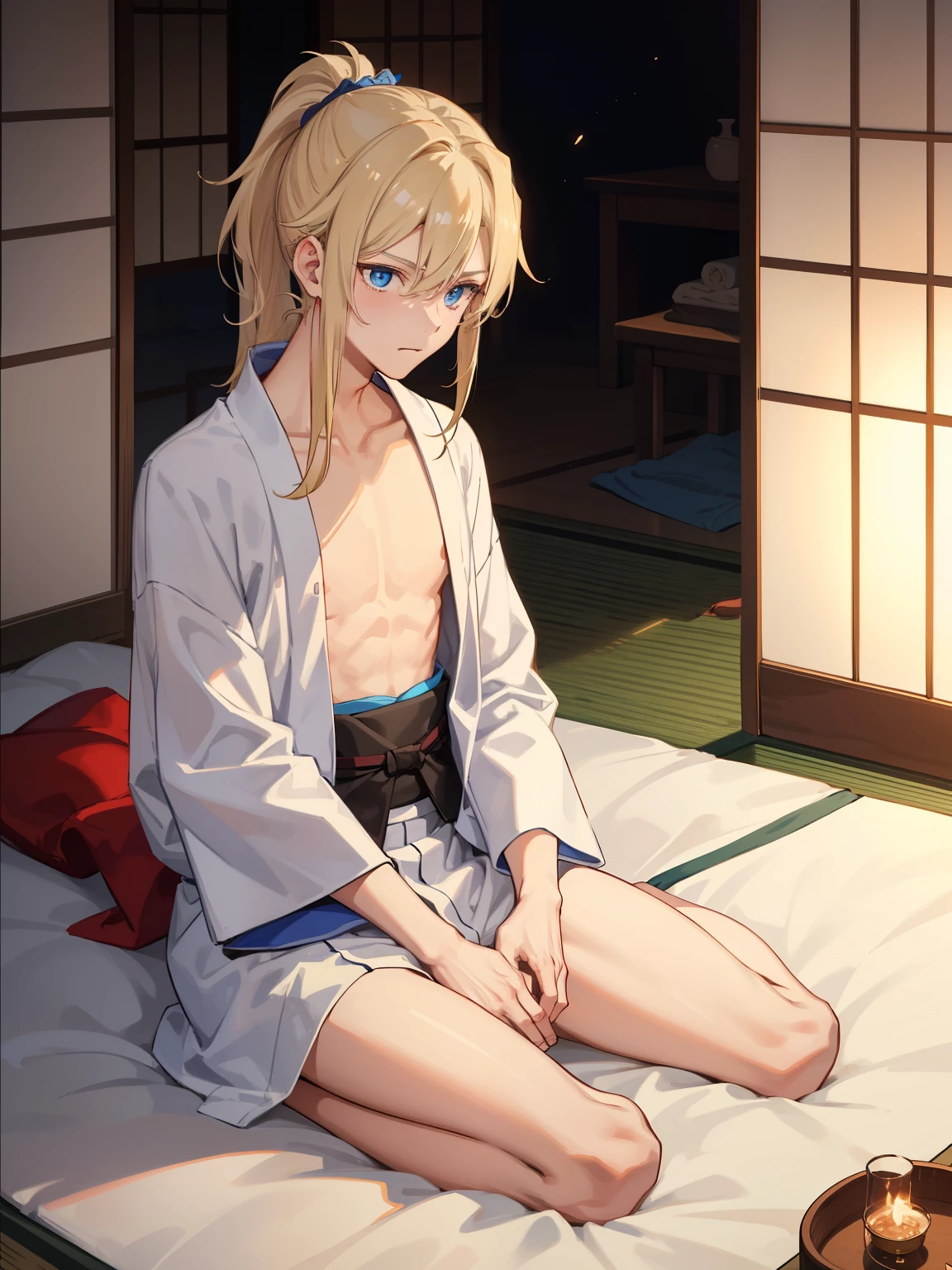 1boy，Masculinity，blond hair，ponytail，blue eyes，no bra，A Japanese-style room，sitting，late at night，alone