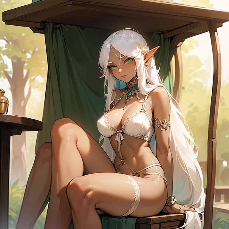 (((I want a lonely Elf Woman, Long white hair, serene green eyes, brown skin, mature body with full ??????? and slim waist, wearing beautiful lingerie sitting under the table with her ????????? and a ?????????? expression)))