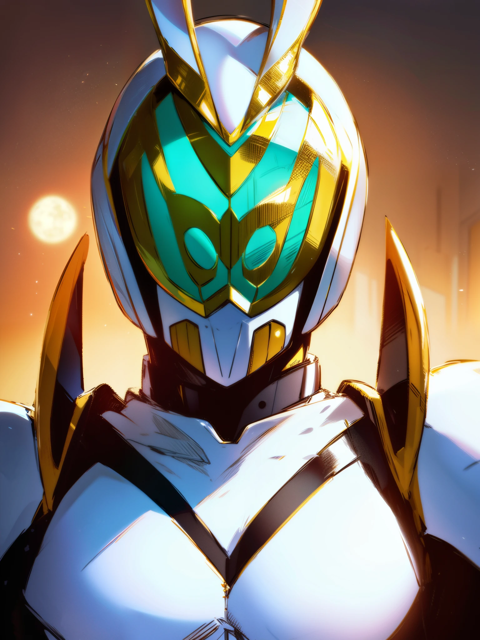 ((kamen rider with white and gold armor and a moon rabbit-like design)), ((white and gold bodysuit)), ((helmet)), ((mature male)), ((golden eyes)), ((complementary colors)), 1boy, beautifully drawn, high resolution illustration, best quality, High definition, ((detailed anime sketch)), Masterpiece, (solo), absurdres, portrait, detailed background, fine detail, male focus, HDR,
