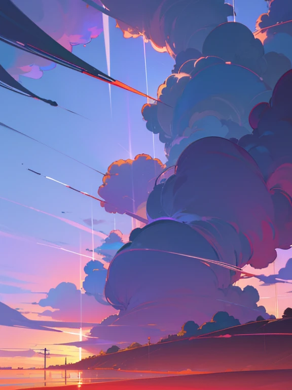 (best quality,4k,8k,highres),ultra-detailed,realistic,photorealistic,HDR,UHD,studio lighting,extreme detail description,vivid colors,Paisaje,edificios amegakure,Torres,amanecer,cables,Lluvia Pesada,purple sky cloud,pipeline,electricidad,niebla,cielo nublado,estilo animado,estilo ghibli,rayo de luces