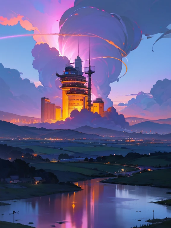 (best quality,4k,8k,highres),ultra-detailed,realistic,photorealistic,HDR,UHD,studio lighting,extreme detail description,vivid colors,Paisaje,edificios amegakure,Torres,amanecer,cables,Lluvia Pesada,purple sky cloud,pipeline,electricidad,niebla,cielo nublado,estilo animado,estilo ghibli,rayo de luces