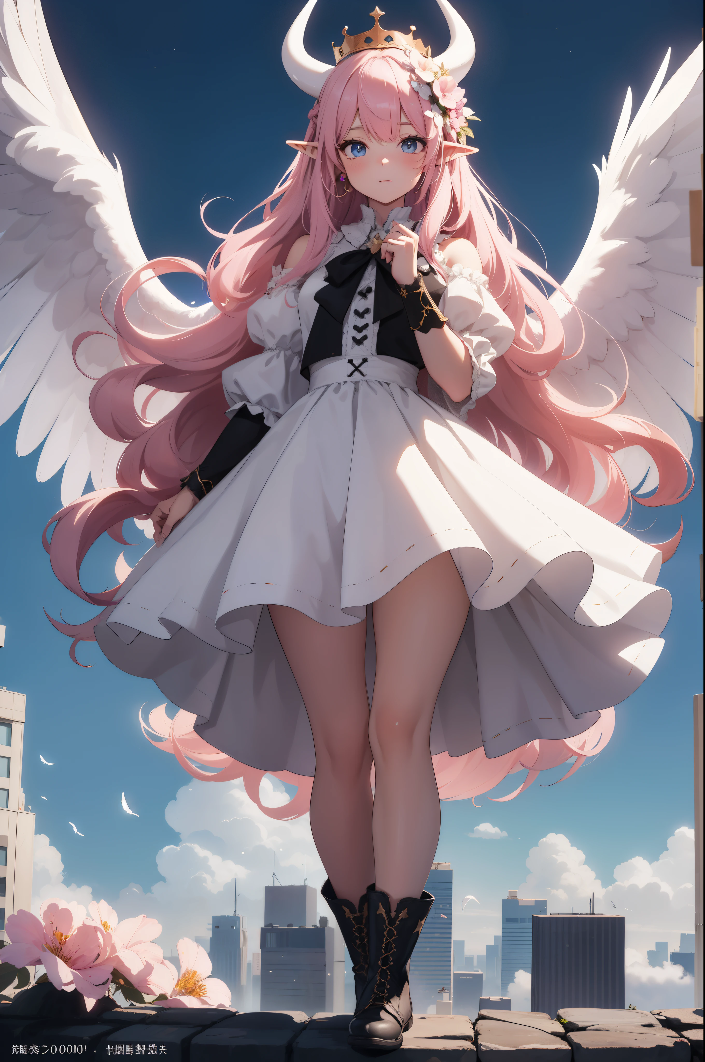 giant girl 50,000 feet high,Weight 1000kg,Have a pair of long legs,Keep your eyes open,Has three pairs of huge white angel wings,With huge devil horns on his head,wear a crown on your head,Elf wearing white earrings,She has long pink hair that reaches her feet,loose hair,Pink wavy long curly hair,Wearing a pair of black boots on her feet,white sleeves,Wearing a white JK dress,Bow and star embellished skirt,Stand on the tall buildings of the city,Destroy cities,Beautiful appearance,Exquisite makeup,quality,8k,高quality,Perfect proportion, Cinema lighting,film grain,Fuji colors,8k,textured skin,Super details,high detail,high resolution,charming,blood stains,脚底有blood stains,whole body,fat,elf princess,feather,flowers,