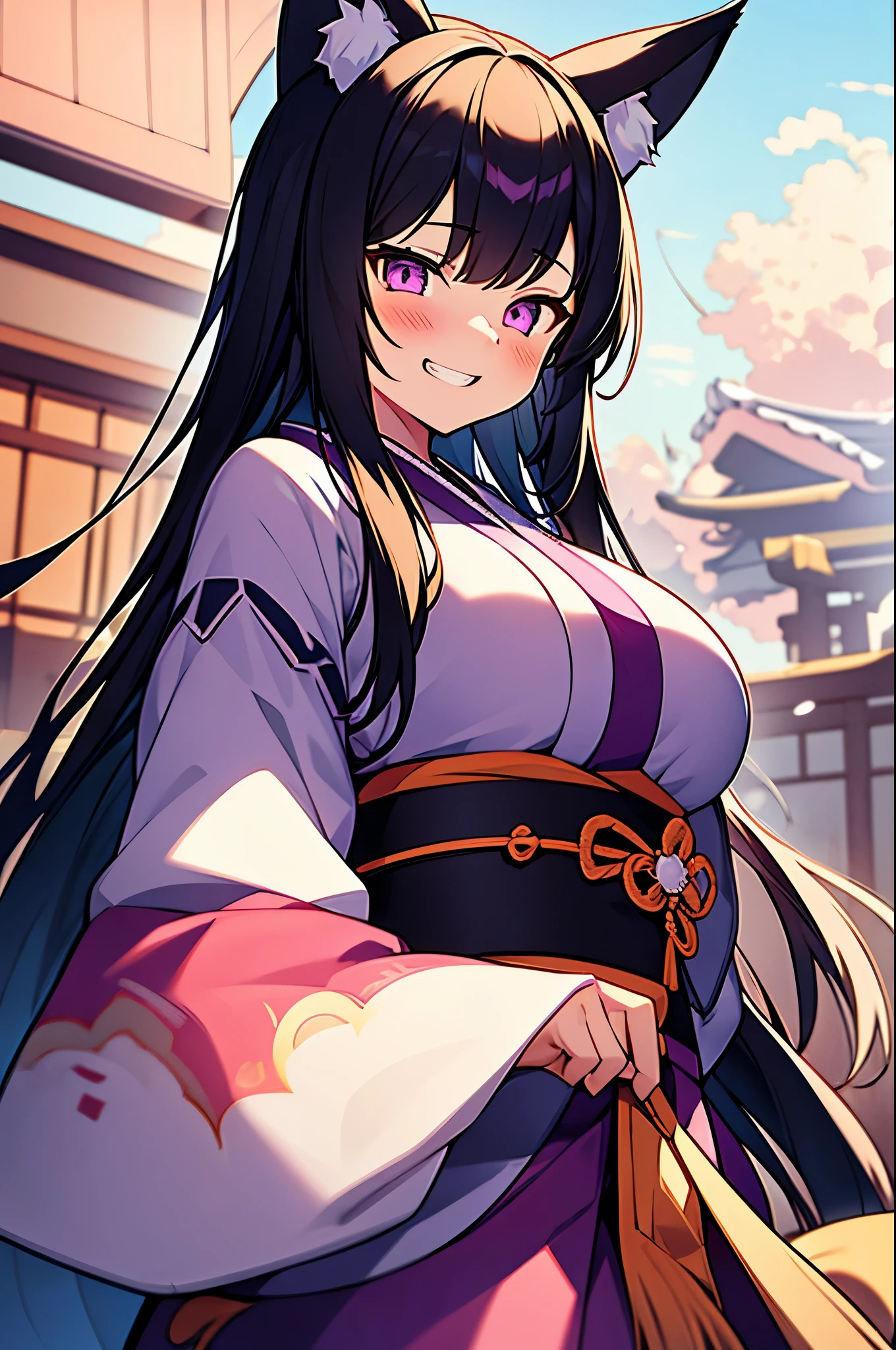 animal ears, 1girl,huge breast,dynamic angle,dutch angle, japanese clothes, kimono, long hair, fox ears, fang, purple eyes,wide sleeves, bangs, long sleeves, blush, sleeves past wrists, solo, sash, very long hair, looking at viewer, hagoromo, cloud, shawl, white kimono, obi, (fighting stance:1.2),fire, grin,long brown ponytail hair