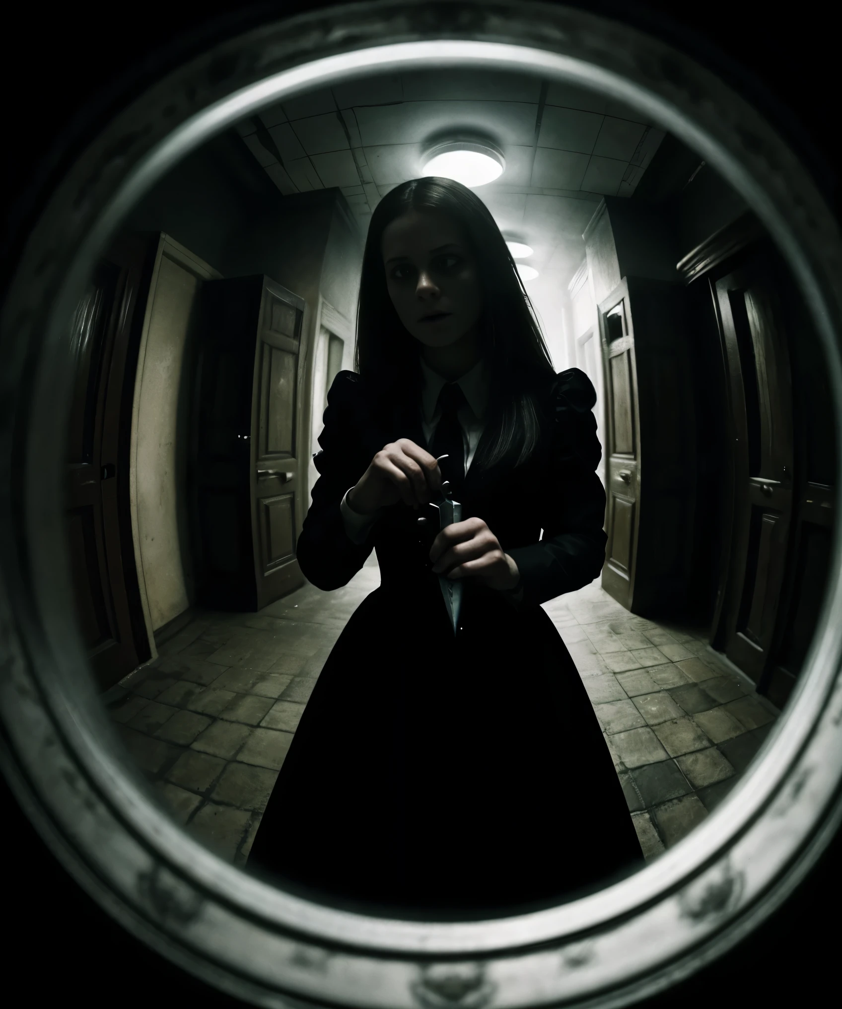 photorealistic, Alice's adventures in wonderland, asylum, close-up shot, fisheye lens, fisheye lens distortion, knife, self-defense, Alfred Hitchcock movie poster style, detailed artwork, intense atmosphere, dark lighting, suspenseful, dramatic expression, chilling scene, cinematic composition, haunting background
