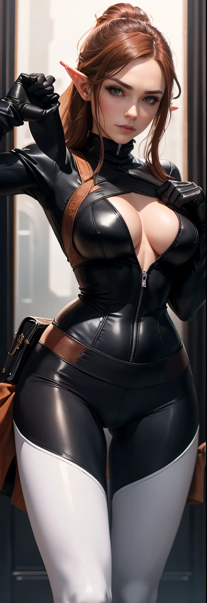 a woman, black leather gloves on the sleeves of a black suit,(black leather combat boots),(full body)(character design),(dominatrix:0.4),from_below,zelda,(brown hair), aristocratic, (smirk:0.1),((white yoga pants))