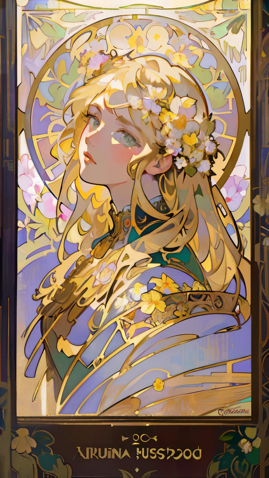 masterpiece, art deco, European woman's face portrait, long curly hair, blonde, flower frame, decorative panel, Alphonse Mucha (masterpiece, highest quality, high resolution: 1.4), detailed, intricate details, 4K, color splash, flowers