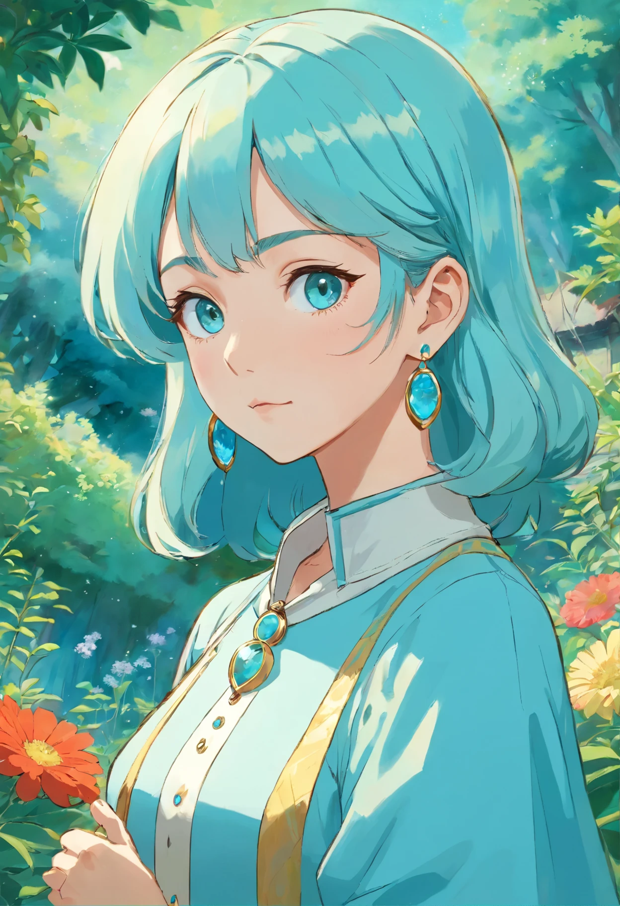 Girl wearing anime collar, Long necklace and earrings, In a quiet garden style, Colorful animations, Masami Teraoka, aquamarine, Paul Gauguin, Embry style, Honest portrayal