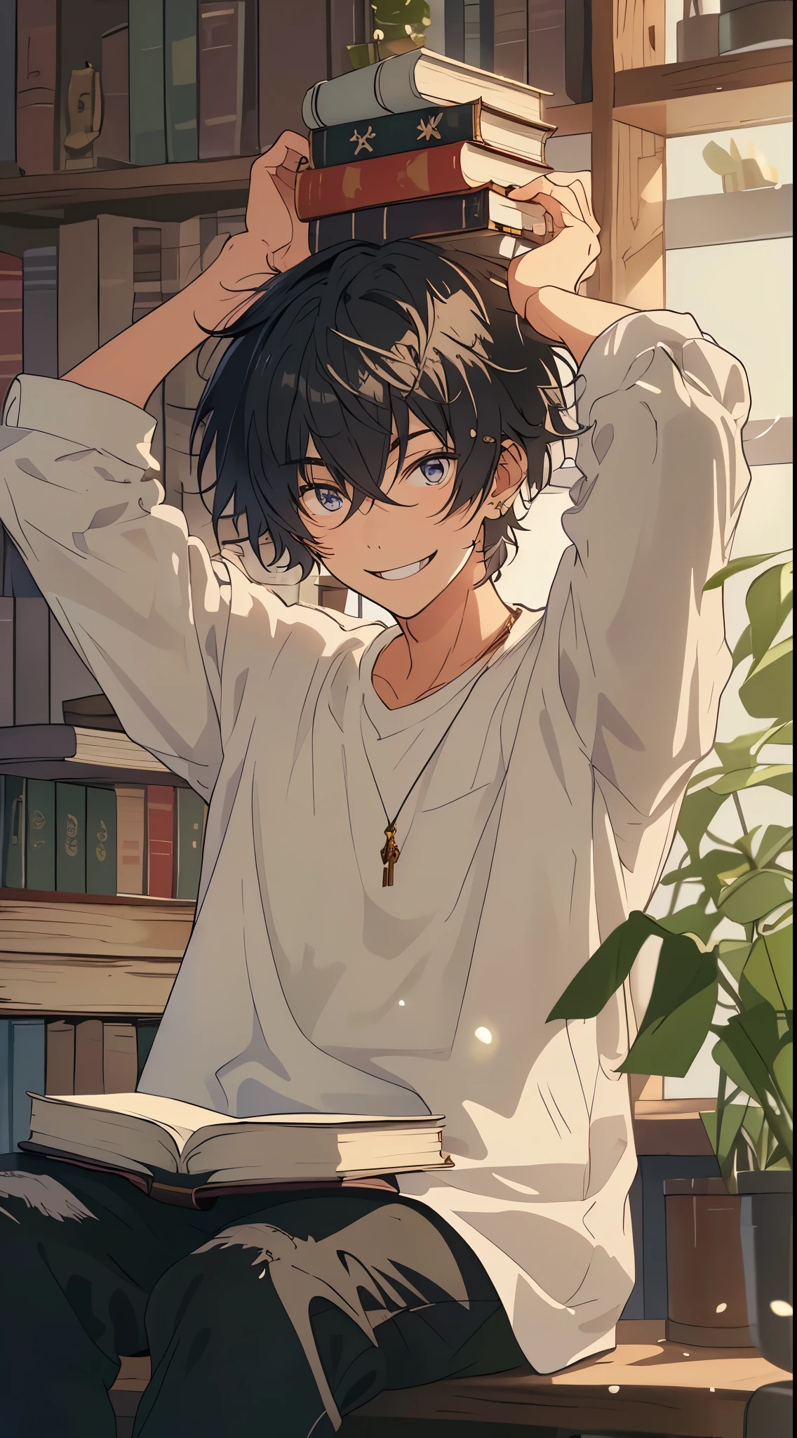 A handsome young man with black, short hair, dressed in white clothes, is balancing a book on his head and smiling. There are scattered books around him, which adds a playful touch. In the background, there’s a wooden desk and a potted plant, contributing to the cozy and studious atmosphere of the room,high quality, amount of drawing, pixiv illustration