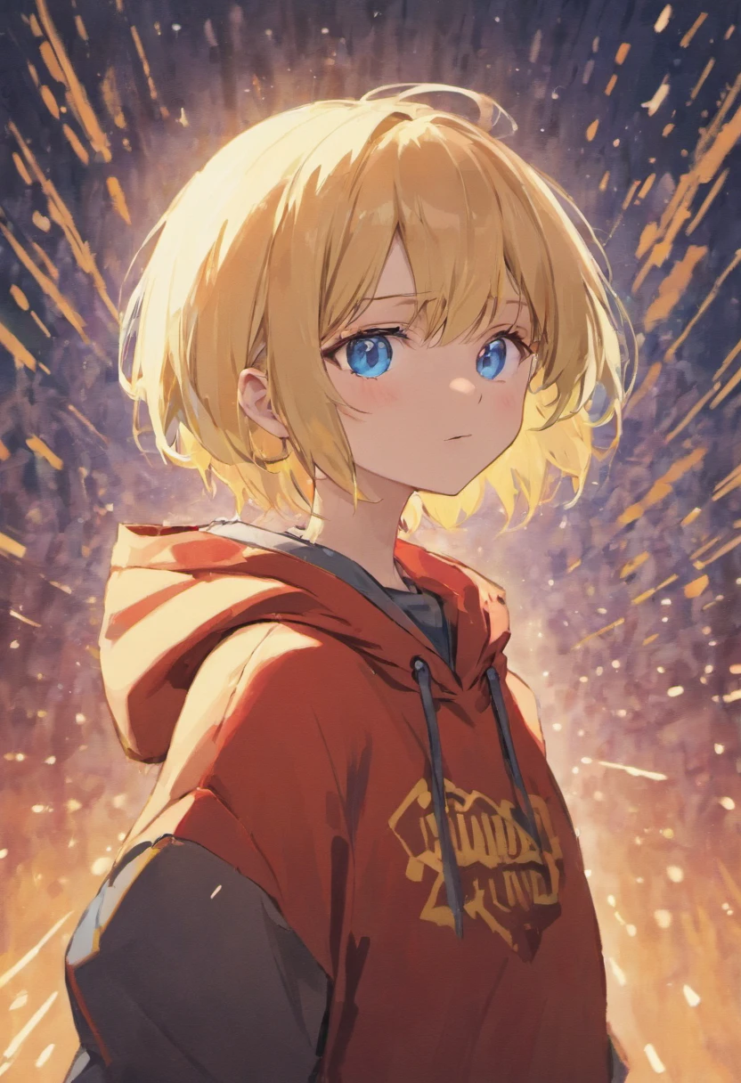 juvenile,blonde,blue eyes,Tsundere,upward glance,short hair,hoodie