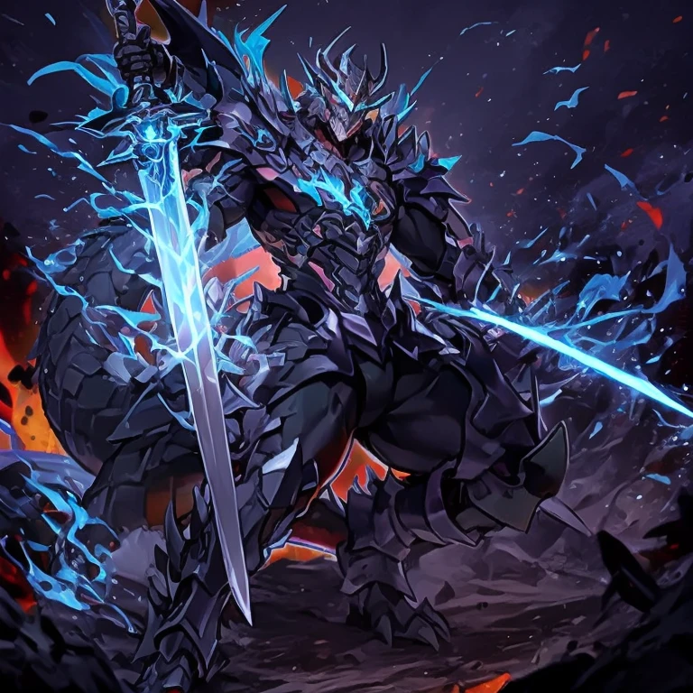 a dark gray dragon, Wearing a dark gray armor,There are lots of debris and light blue details, full body armored, Armor covered his entire body, dragon helmet, faucet, dragon face, Holding a sword with a radiant blue blade, 2 dragon legs, 2 dragon arms, 2 large dragon wings, Surrounded by blue flames, permanent, pose, show his sword, 8k