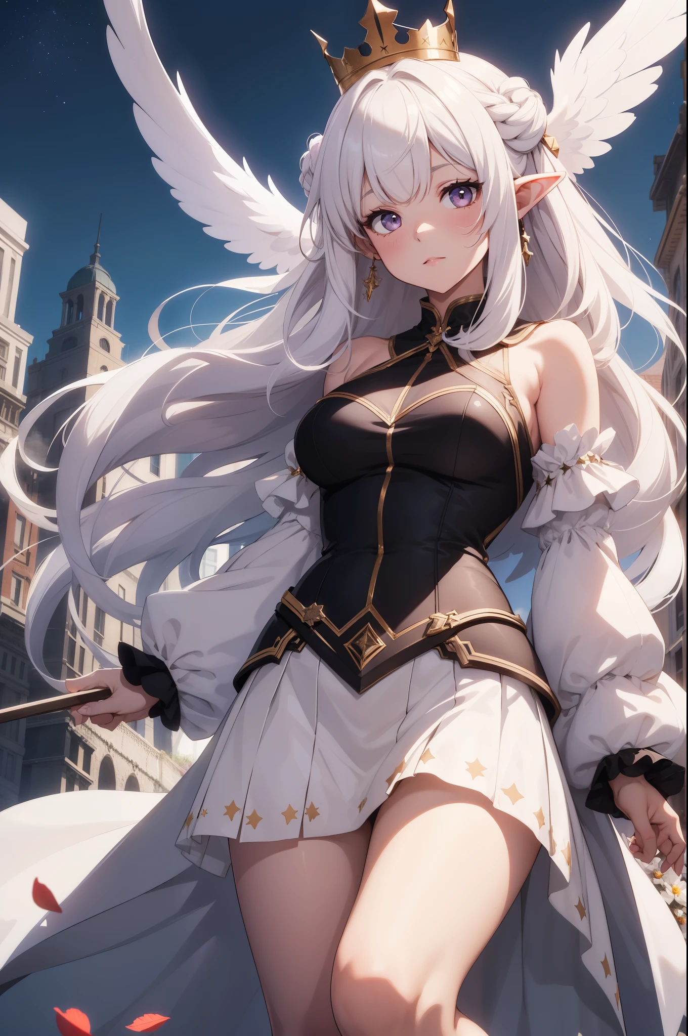 giant girl 50,000 feet high,Weight 1000kg,Has a pair of long legs,Open your eyes wide,Has three pairs of huge white angel wings,With huge devil horns on his head,crown on head,Elf wearing white earrings,She has long pink hair that reaches her feet,loose hair,Pink wavy long curly hair,Wearing a pair of black boots,White sleeves,Wearing a white JK dress,Skirt with bow and star decorations,Standing on a tall building in the city,Destroying the city,Beautiful appearance,Exquisite makeup,quality,8k,高quality,Perfect proportion, Cinema lighting,film grain,Fuji colors,8k,textured skin,Super details,high detail,high resolution,charming,blood stains,脚底有blood stains,whole body,Obese,elf princess,feather,flowers,little man