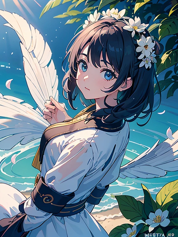 obra maestra, Mejor calidad, (Fondo de pantalla CG Unity 8K muy detallado) (Mejor calidad), (best illustration), (mejores sombras) naturaleza&#39, mar azul,delicate leaves petals of various colors that fall in the light of the air Tracking, Super detailed ,no human --v6