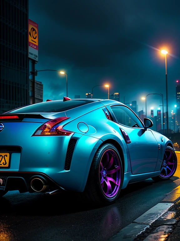 hipercoches cyberpunk, colores suaves, Humo de color arremolinado, leyenda, paisaje urbano, espacio, Nissan 350z