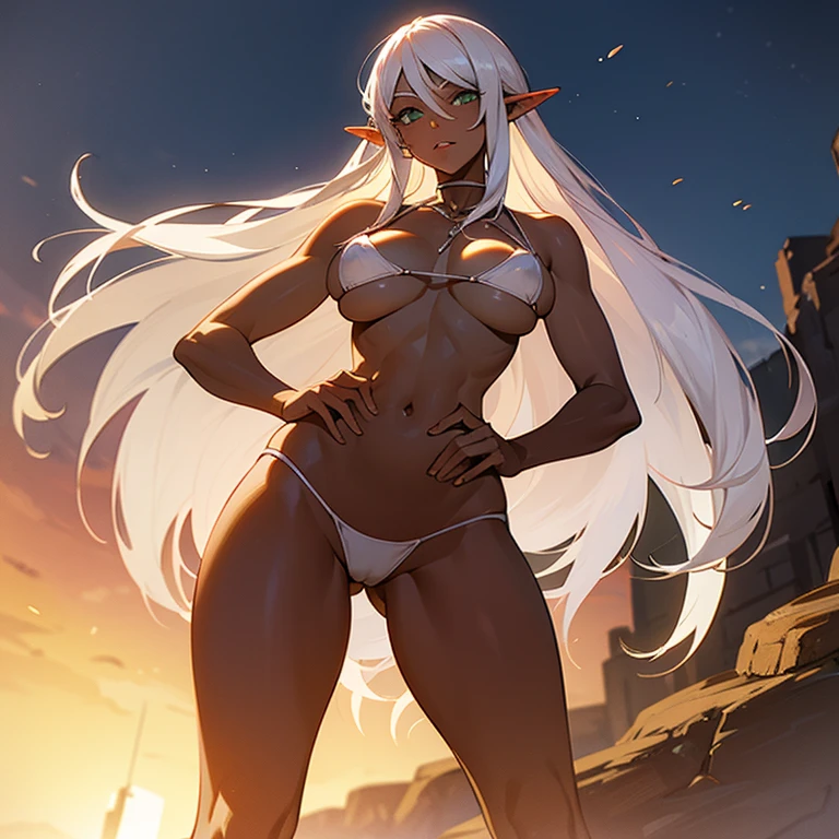(((I want a solitary Elf Woman, Long white hair, serene green eyes, brown skin, mature body with full breasts and thin waist, wearing panties and bare breasts)))