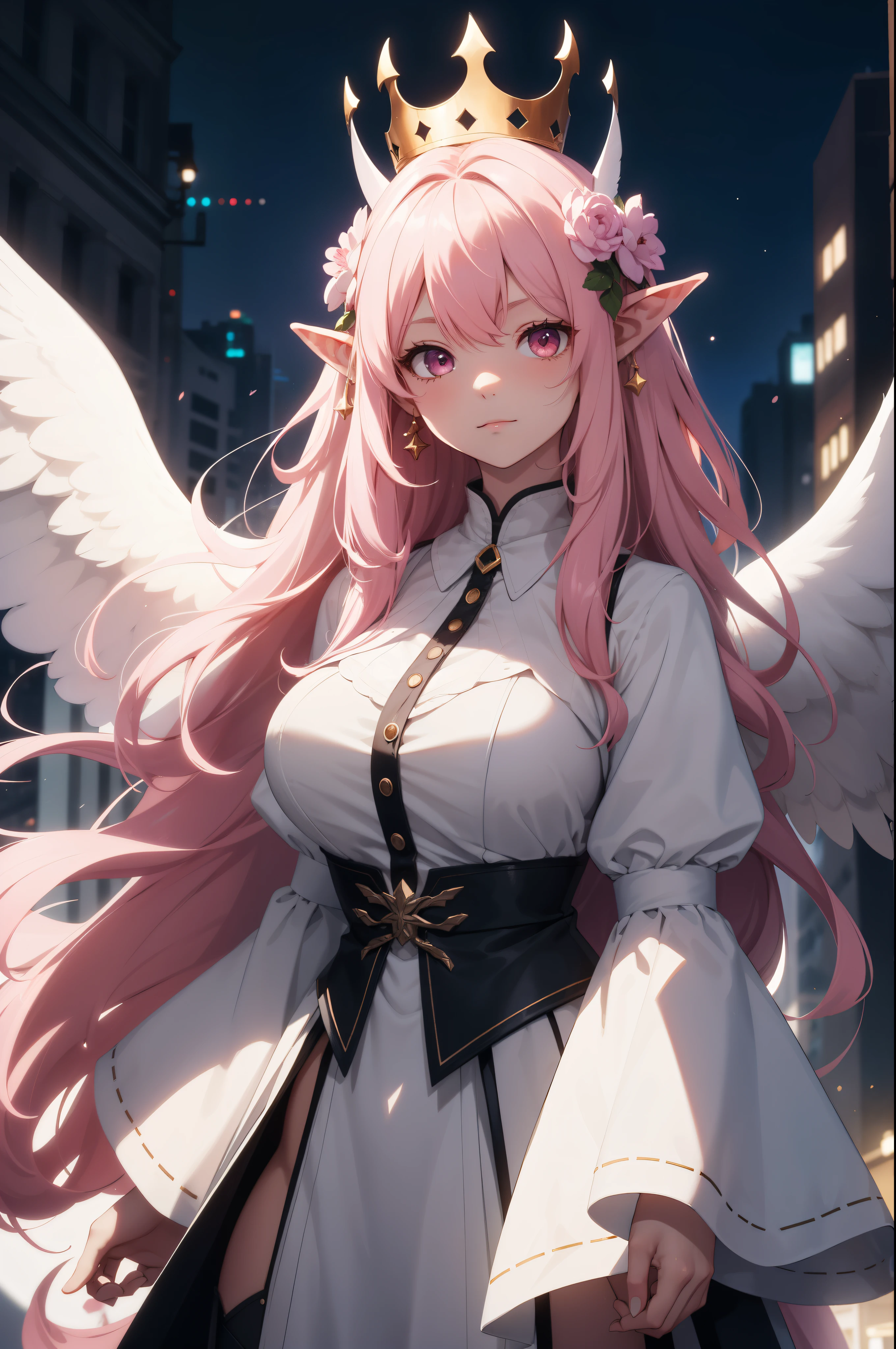 giant girl 50,000 feet high，Weight 1000kg，Have a pair of long legs，Keep your eyes open，Has three pairs of huge white angel wings，With huge devil horns on his head，wear a crown on your head，Elf wearing white earrings，She has long pink hair that reaches her feet，loose hair，Pink wavy long curly hair，Wearing a pair of black boots on her feet，white sleeves，Wearing a white JK dress，Bow and star embellished skirt，Stand on the tall buildings of the city，Destroy cities，Beautiful appearance，Exquisite makeup，quality，8k，高quality，Perfect proportion, Cinema lighting，film grain，Fuji colors，8k，textured skin，Super details，high detail，high resolution，charming，blood stains，脚底有blood stains，whole body，fat，elf princess，feather，flowers，little boy