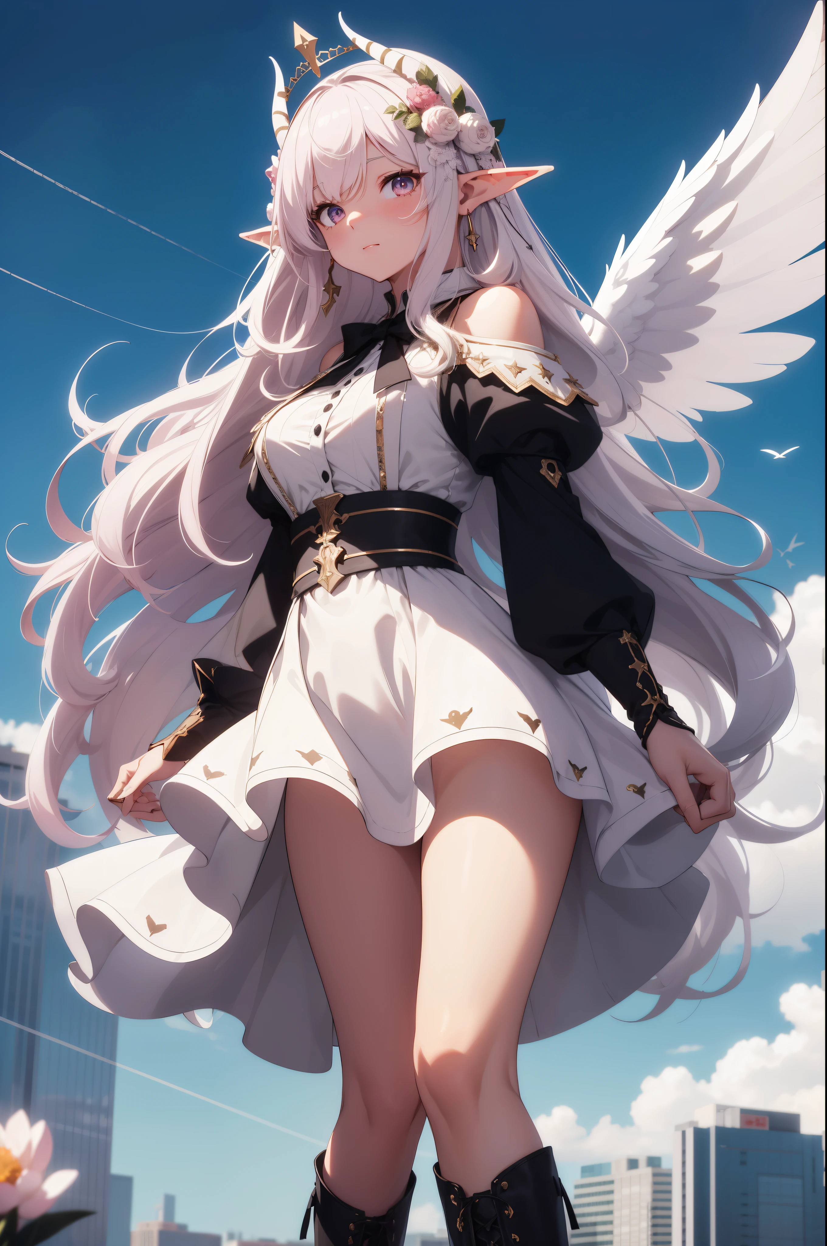 giant girl 50,000 feet high,Weight 1000kg,Have a pair of long legs,Keep your eyes open,Has three pairs of huge white angel wings,With huge devil horns on his head,wear a crown on your head,Elf wearing white earrings,She has long pink hair that reaches her feet,loose hair,Pink wavy long curly hair,Wearing a pair of black boots on her feet,white sleeves,Wearing a white JK dress,Bow and star embellished skirt,Stand on the tall buildings of the city,Destroy cities,Beautiful appearance,Exquisite makeup,quality,8k,高quality,Perfect proportion, Cinema lighting,film grain,Fuji colors,8k,textured skin,Super details,high detail,high resolution,charming,blood stains,脚底有blood stains,whole body,fat,elf princess,feather,flowers,little boy