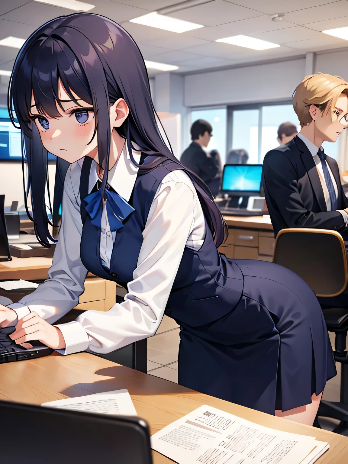 (1) a woman is working in an office.
(2) a man is talking to her、she is ignoring him.
(3) The woman is wearing a white blouse, a navy vest, and a navy blue tight skirt..
(4) The woman&#39;s expression is very cold, expressionless and unfriendly.
(5) Location、This is her office desk where she is working on her computer.。.