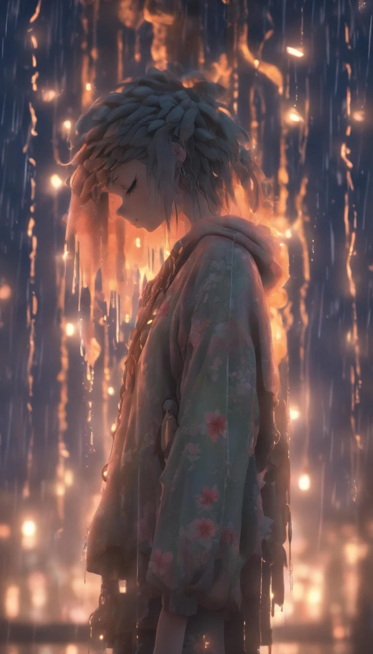 Sad introverted girl, dressed in tattered clothes, devoid of emotions, bound by chains of thoughts, in an atmosphere of mist and rain, melancholic, blossoming like gentle clouds. She is a lifelike 3D character, weathered in color, high definition, high quality, seen from a distance, with lighting and Tindall effects from above, suffering from square phobia~claustrophobia - September 16th, AR Niji 5. --niji 5 --s 1000 --ar 9:16