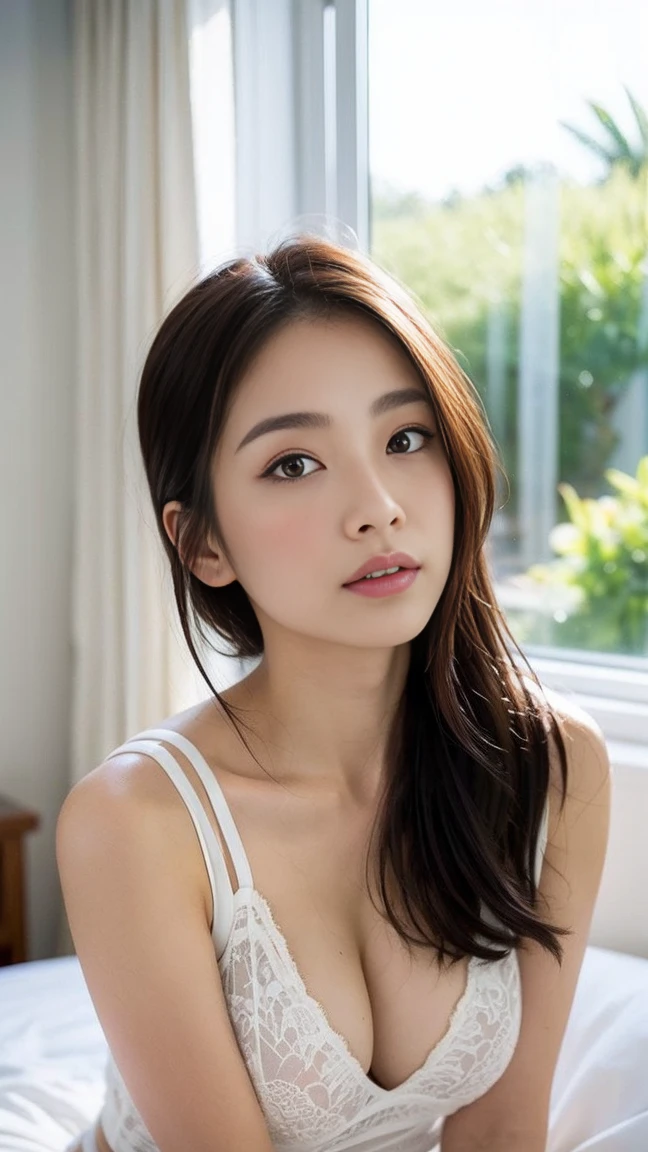 Dark brown hair、Light brown eyes、Japanese actress、 Lady、I am about 40 years old.....、(Intricate details:1.2)、(Which is the top?????:1.4)、 (Ultra-high resolution:1.2)、Ultra-high resolution、(Finely tuned)、(Detailed facial features)、Hmph、8K resolution、D cup size breasts、Long Hair、Updostyle, Updo、Hair Bun、1 Girl, Deep sorrowの表情, (Very detailed美しい顔), (camisole:1.5), (Bare shoulders:1.3), (Highest quality:1.4), (Very detailed)、Beautiful fair skin with transparency,、Top View、 Spread your legs wide, Open your mouth a little、Her legs are visible through the dress、Deep sorrow、Pose of Weakness、Obscene pose、White floor、White wall、The morning sun shines in、Look at this、He raised his hand,、I saw this through the gap in my hand.、